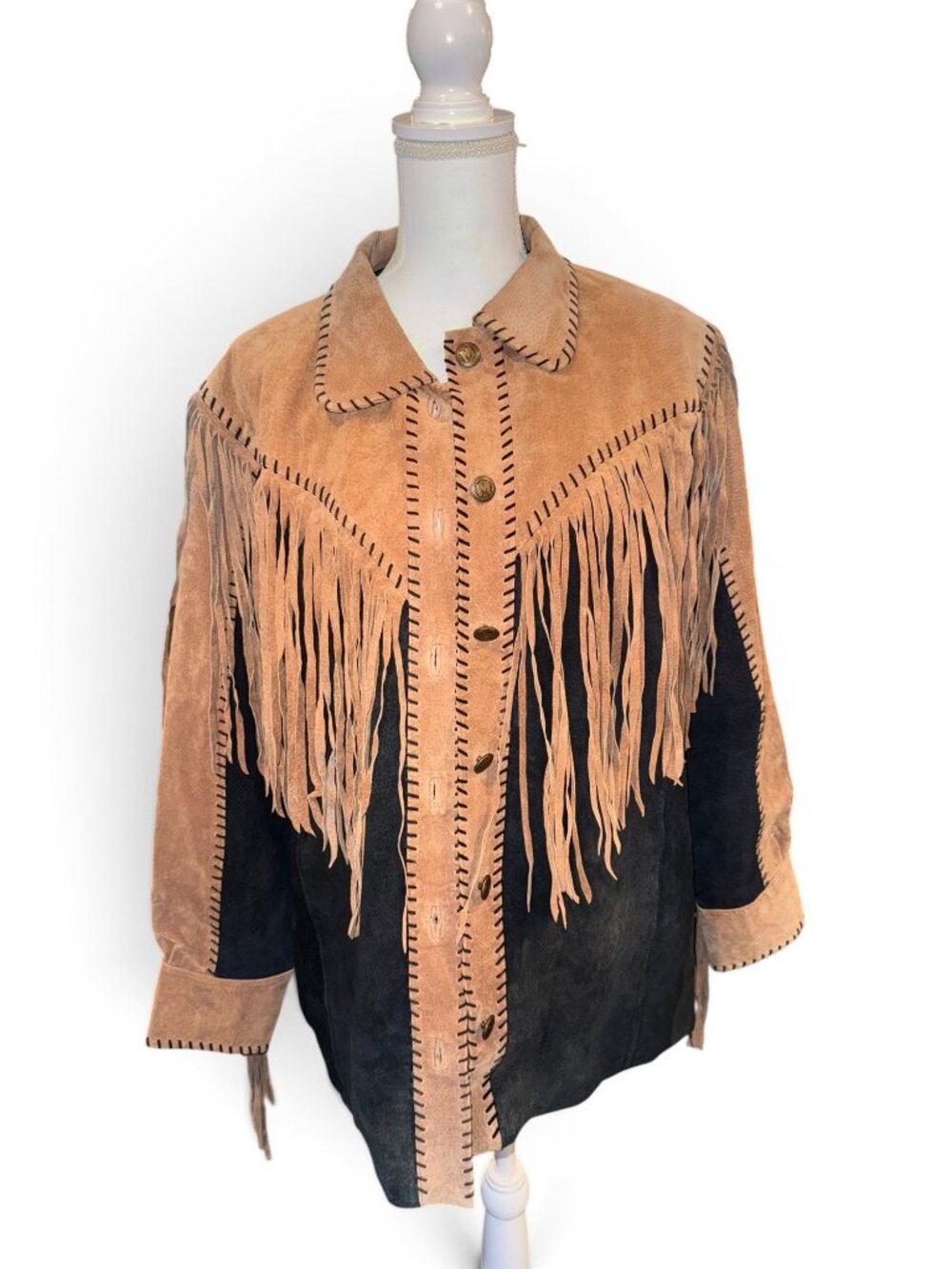 Bob Mackie Wearable Art Suede Leather Fringe Jacket Tan & Black, Large
